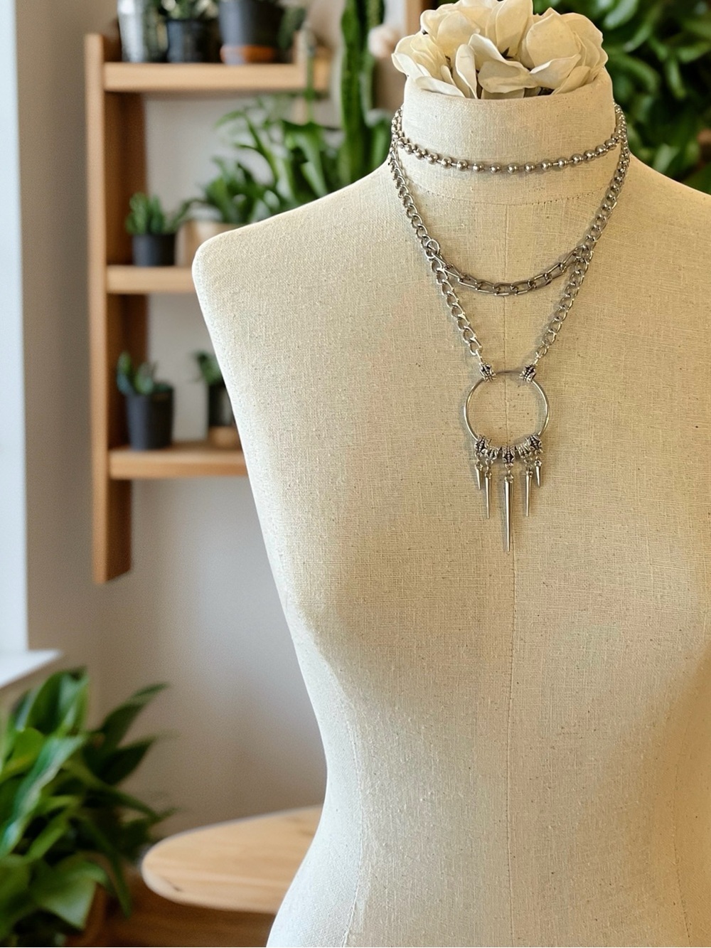 Silver Layered Spike Pendant Necklace
